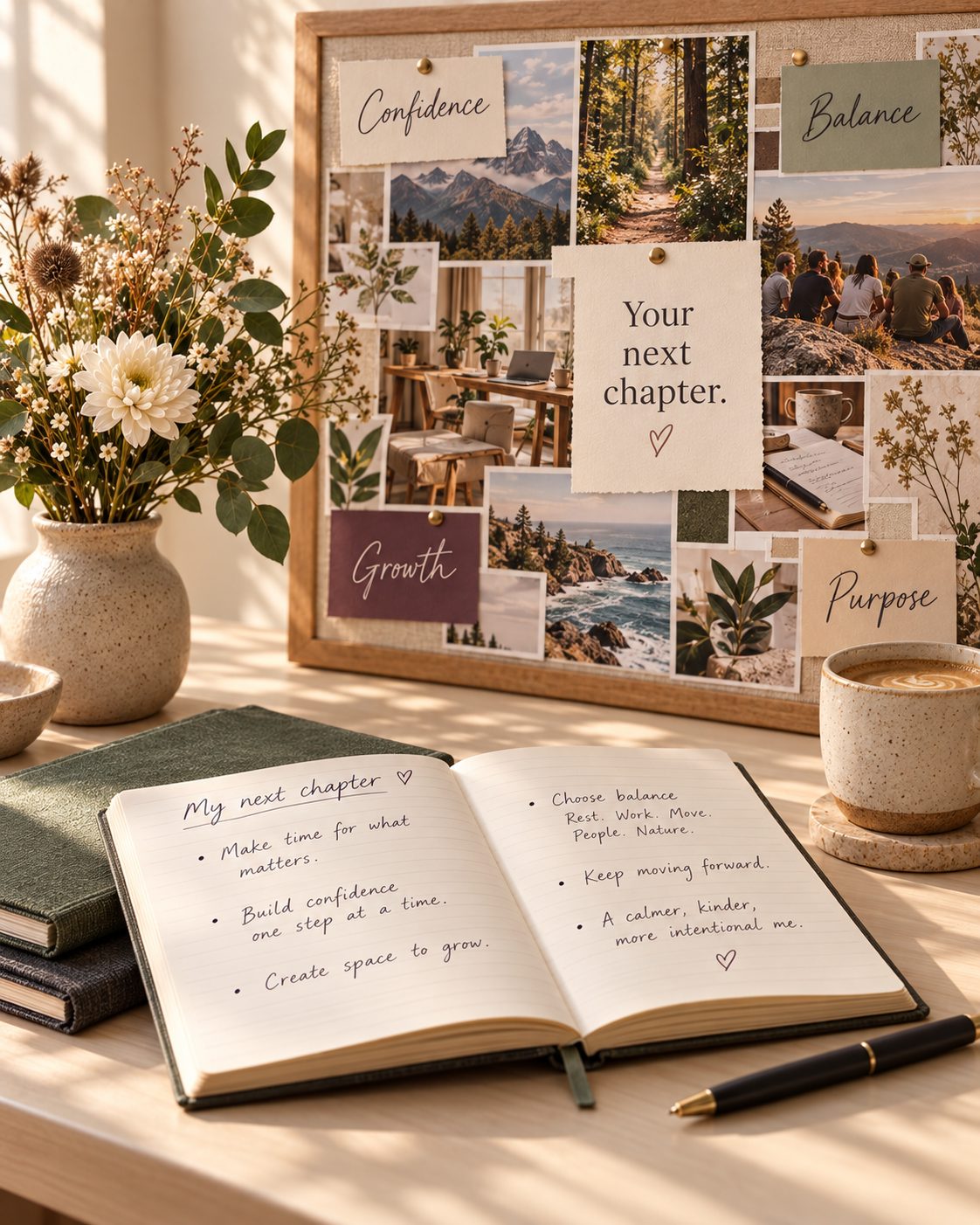 An open journal titled My next chapter beside a vision board with the words confidence, balance, growth, and purpose